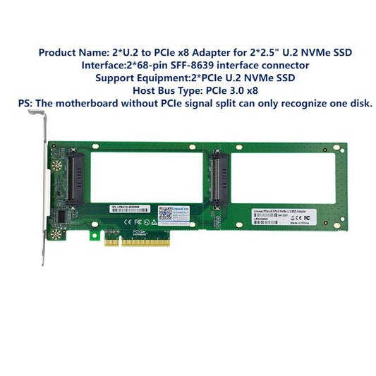 2X U.2 SFF-8639 SSD to PCI Express 3.0 Gen 3 X8 Card U.2 NVMe SSD Adapter