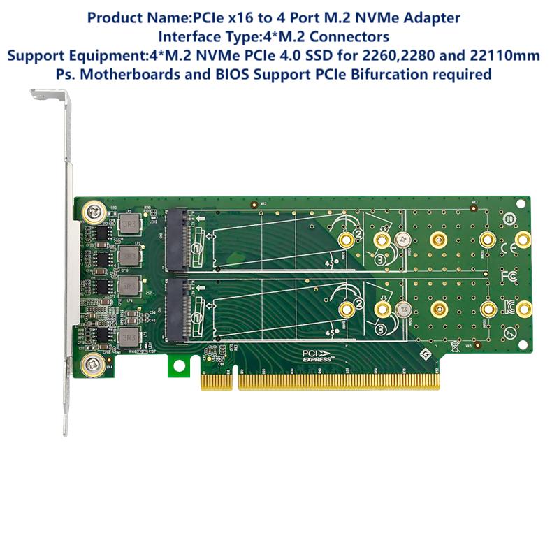 PCIe x16 to 4-Port M.2 NVMe SSD Adapter- Low Profile